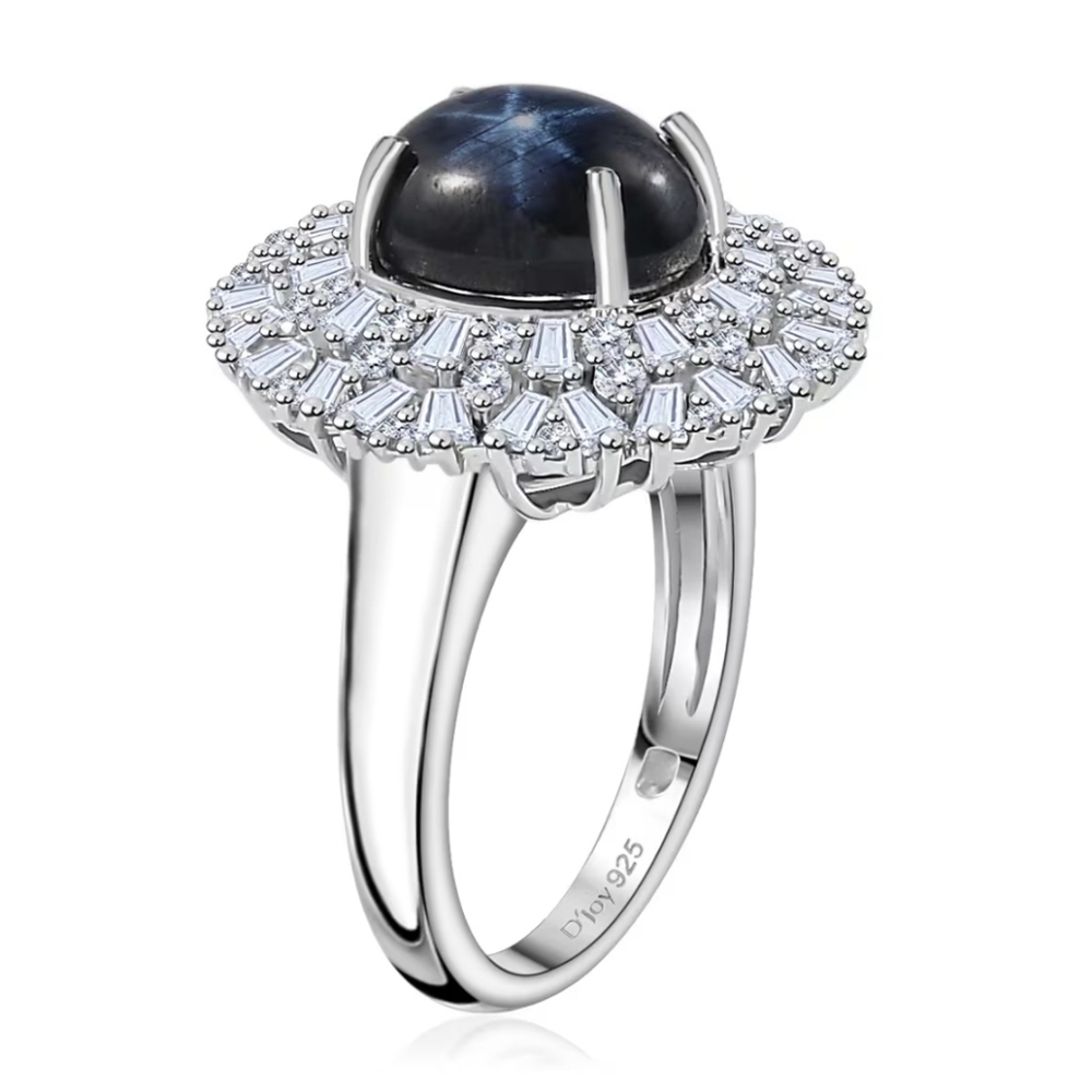 Genuine Blue Star Sapphire & Moissanite Ring Platinum Over Sterling Silver Sz 7! - Picture 6 of 11